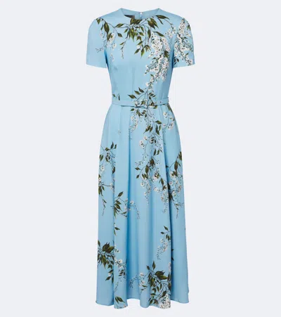 Monique Lhuillier Floral Belted Midi Dress In Blue