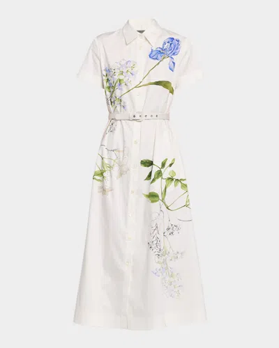 Monique Lhuillier Floral Cotton Short-sleeve Midi Shirtdress In White