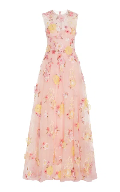 Monique Lhuillier Floral Embroidered Illusion Gown In Pink