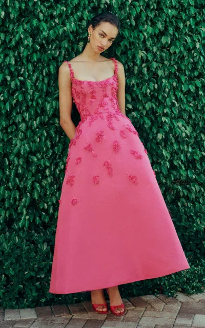 Monique Lhuillier Floral Embroidered Silk Faille Tea Length Gown In Pink