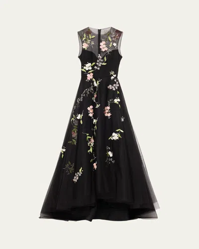 Monique Lhuillier Floral Embroidered Sleeveless Illusion Bodice Gown In Noir Multi