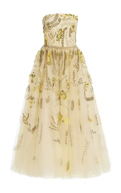 Monique Lhuillier Floral Embroidered Tulle Cocktail Midi Dress In Limoncello Multi