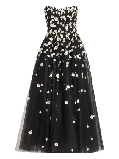 Monique Lhuillier Daisy Embroidered Strapless Tulle Cocktail Dress In Noir Multi