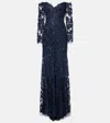 Monique Lhuillier Floral Embroidered Tulle Gown In Black