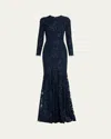 Monique Lhuillier Floral Embroidered Tulle Long Sleeve Gown In Lapis  Noir