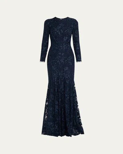 Monique Lhuillier Floral Embroidered Tulle Long Sleeve Gown In Lapis  Noir