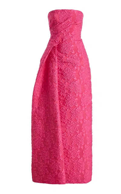 Monique Lhuillier Floral Jacquard Strapless Draped Gown With Train In Pink