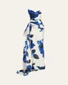Monique Lhuillier Asymmetric Floral Printed Gazar Silk Column Gown In Nautical Blue Multi
