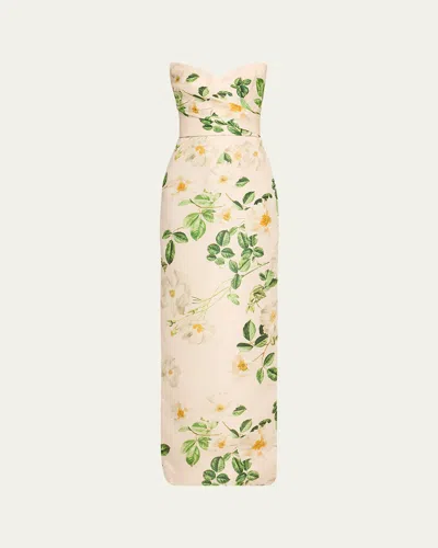 Monique Lhuillier Floral-print Draped Strapless Gown In Bellinimulti