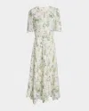 Monique Lhuillier Floral-print Lace Short-sleeve Midi Day Dress With Belt In Multi