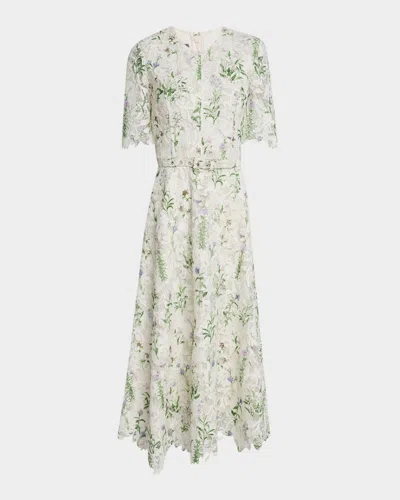 Monique Lhuillier Floral-print Lace Short-sleeve Midi Day Dress With Belt In Multi