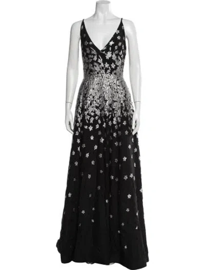 Pre-owned Monique Lhuillier Floral Print Long Dress In Black