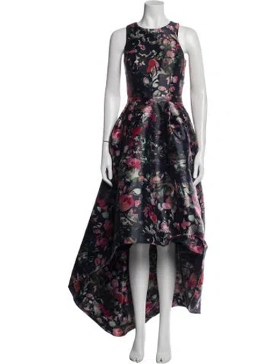 Pre-owned Monique Lhuillier Floral Print Long Dress In Blue/pink