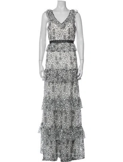 Pre-owned Monique Lhuillier Floral Print Long Dress In Multi