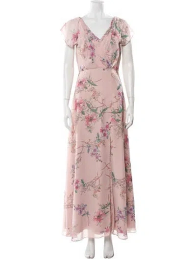 Pre-owned Monique Lhuillier Floral Print Long Dress In Pink