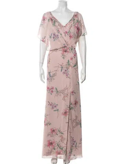 Pre-owned Monique Lhuillier Floral Print Long Dress In Pink