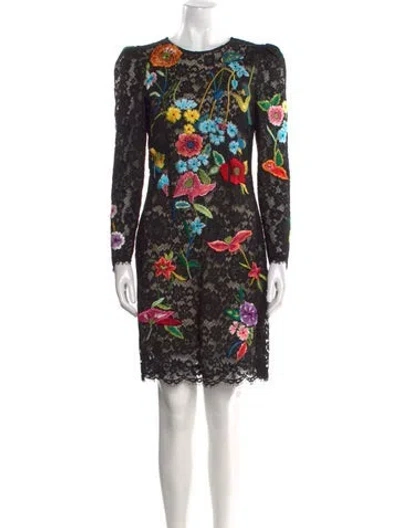 Pre-owned Monique Lhuillier Floral Print Mini Dress In Black