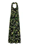 Monique Lhuillier Floral Printed Chiffon Silk Cutout Gown With Neck Scarf