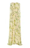 Monique Lhuillier Floral Printed Chiffon Silk Sheath Gown With Cape In Green