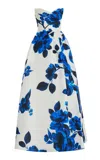 Monique Lhuillier Floral Printed Gazar Silk Ball Gown In Blue