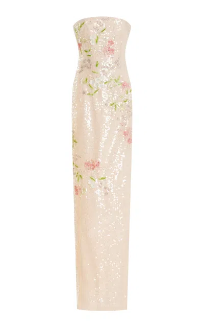 Monique Lhuillier Floral Sequined Column Gown In Pink