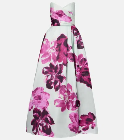 Monique Lhuillier Floral Silk Gazar Gown In Blue