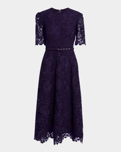 Monique Lhuillier Floral Toile Lace Belted Midi Dress