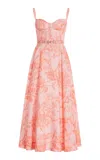 Monique Lhuillier Floral Toile Printed Linen A-line Corset Gown In Pink