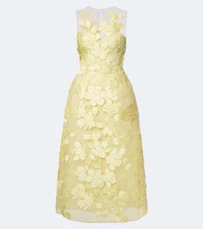 Monique Lhuillier Floral Tulle Midi Dress In Yellow