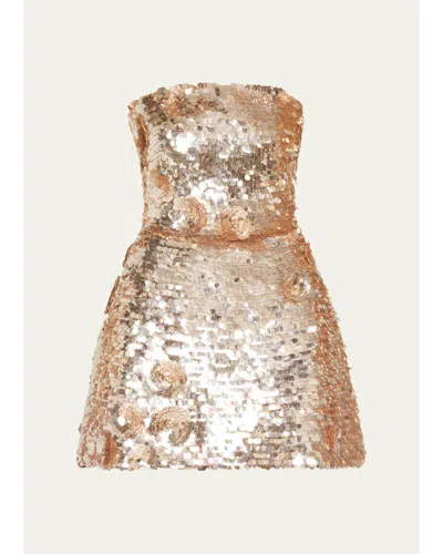 Monique Lhuillier Flower Applique Strapless Sequined Mini Dress In Neutral