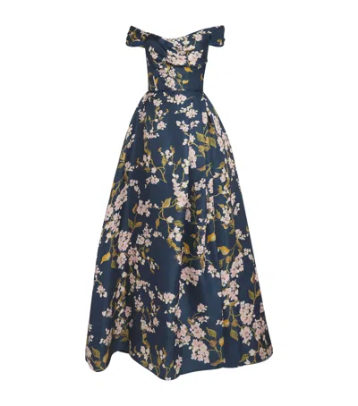 Monique Lhuillier Gazar Floral Off-the-shoulder Gown In Blue