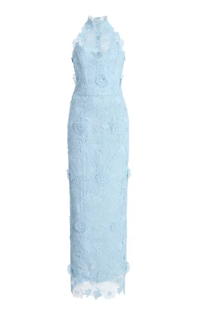 Monique Lhuillier Guipure Lace Halter Neck Column Dress In Blue
