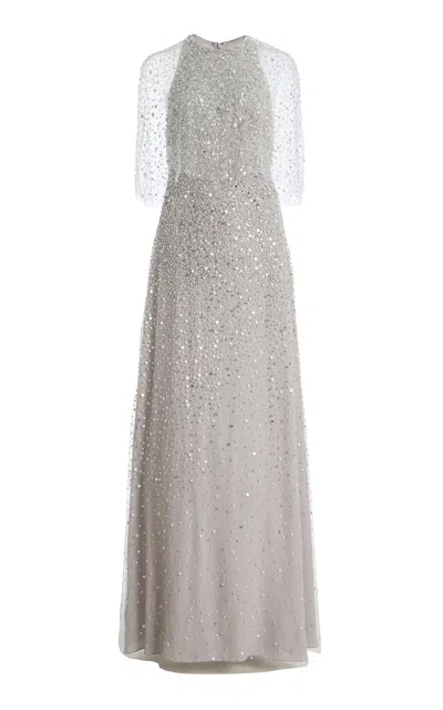 Monique Lhuillier Halter Maxi Dress With Integral Outerwear In Silver