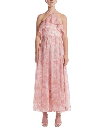 MONIQUE LHUILLIER MONIQUE LHUILLIER HALTER RUFFLE FRONT SILK-LINED COCKTAIL DRESS