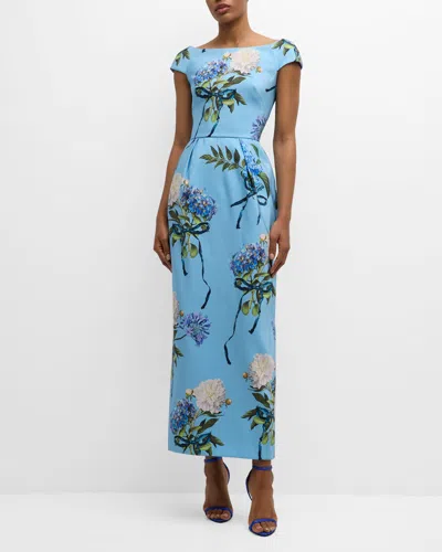 Monique Lhuillier Hydrangea-print Cap-sleeve Faille Column Gown In Sky Blue Mutli