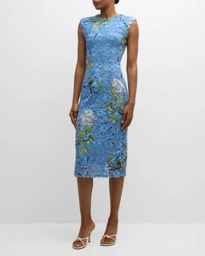 Monique Lhuillier Hydrangea-print Guipure Lace Sheath Dress In Sky Blue Mutli