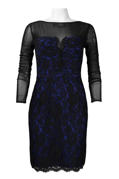 Monique Lhuillier Illusion Neckline Lace Dress In Black Lapis In Multi