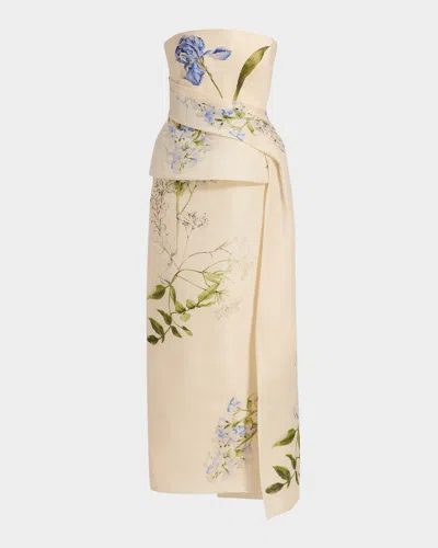 Monique Lhuillier Iris Gazar Silk Strapless Peplum Drape Ankle Gown In Neutral