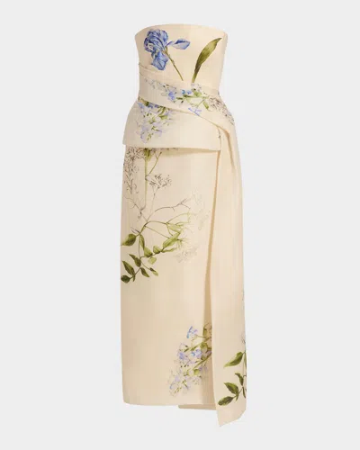 Monique Lhuillier Iris Gazar Silk Strapless Peplum Drape Ankle Gown In Neutral