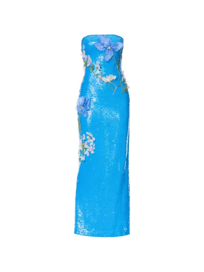 Monique Lhuillier Iris Sequined Floral-appliqué Gown In Blue