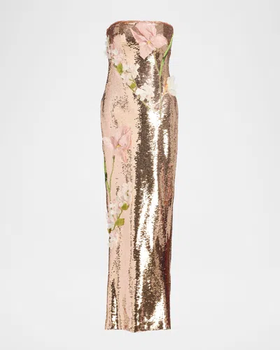 Monique Lhuillier Iris Strapless Sequined Column Gown In Pink