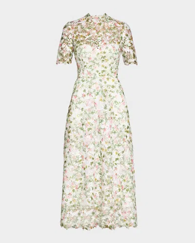 Monique Lhuillier Ivy Bloom Print Lace Short-sleeve Midi Dress In White