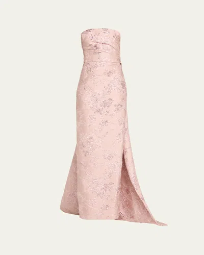 Monique Lhuillier Jacquard Draped Front Column Gown With Train In Rose