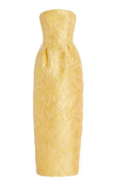 Monique Lhuillier Jacquard Pleated Cocktail Midi Dress In Lemon Drop
