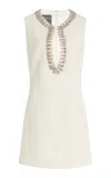 Monique Lhuillier Jeweled Wool Silk Shift Mini Dress In White