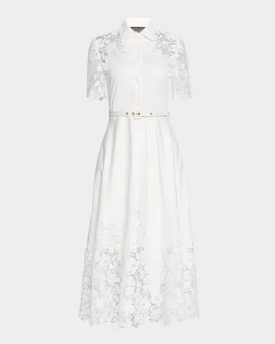 Monique Lhuillier Lace-inset Short-sleeve Cotton Midi Shirtdress