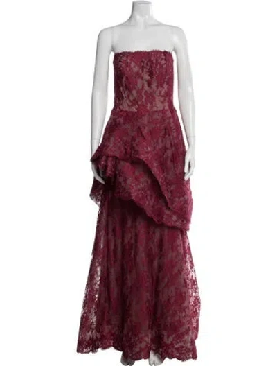 Pre-owned Monique Lhuillier Lace Pattern Long Dress In Red