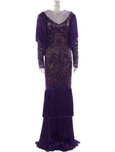 Pre-owned Monique Lhuillier Lace Pattern Long Dress W/ Tags In Purple