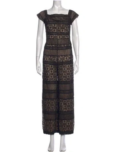 Pre-owned Monique Lhuillier Lace Pattern Square Neckline Jumpsuit In Black