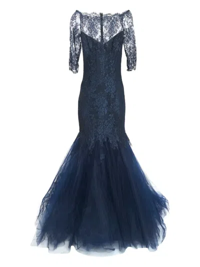 Pre-owned Monique Lhuillier Lace Tulle Gown In Blue